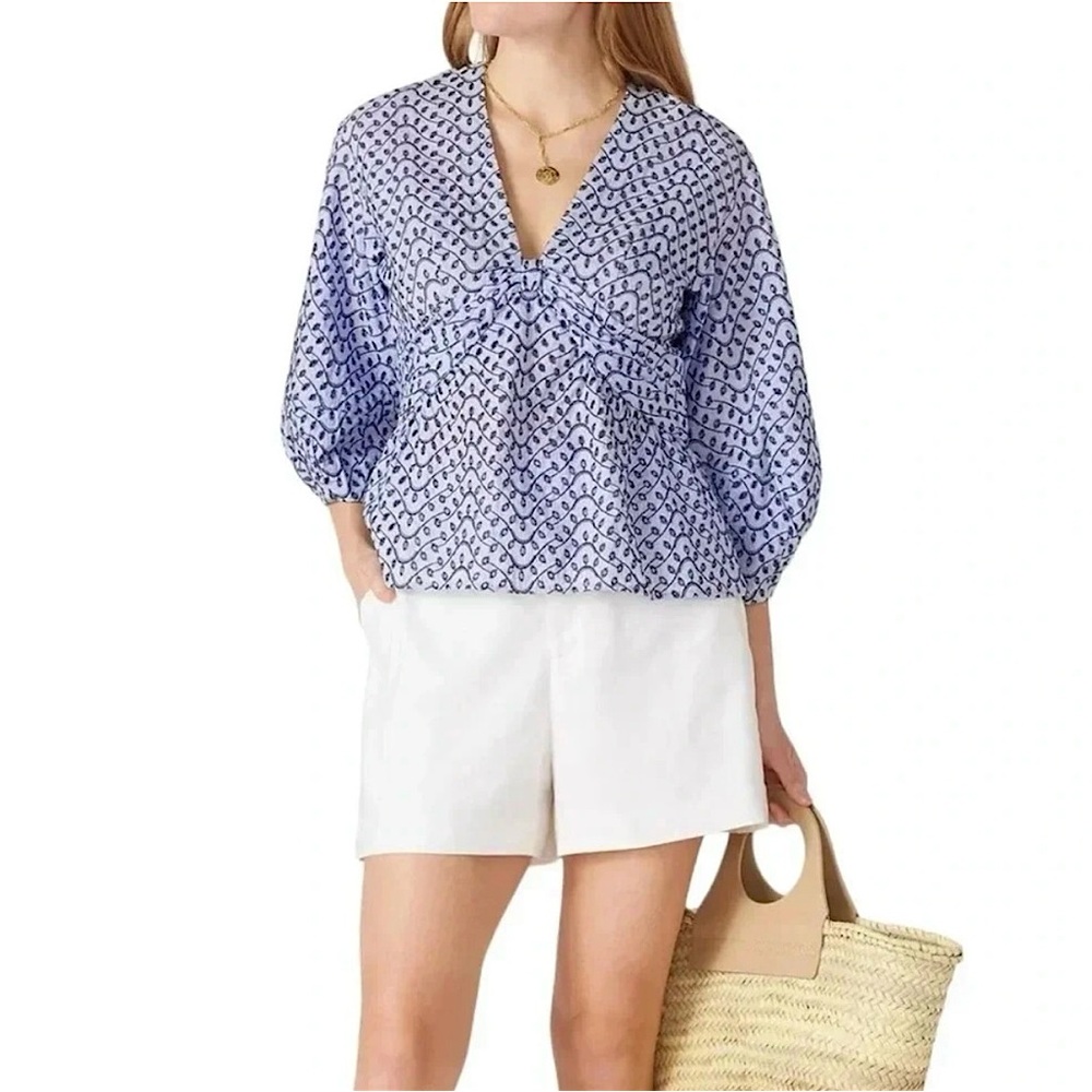 Derek Lam 10 Crosby Blue White Noe Eyelet Balloon Sleeve Top Blouse Sz 6 Summer